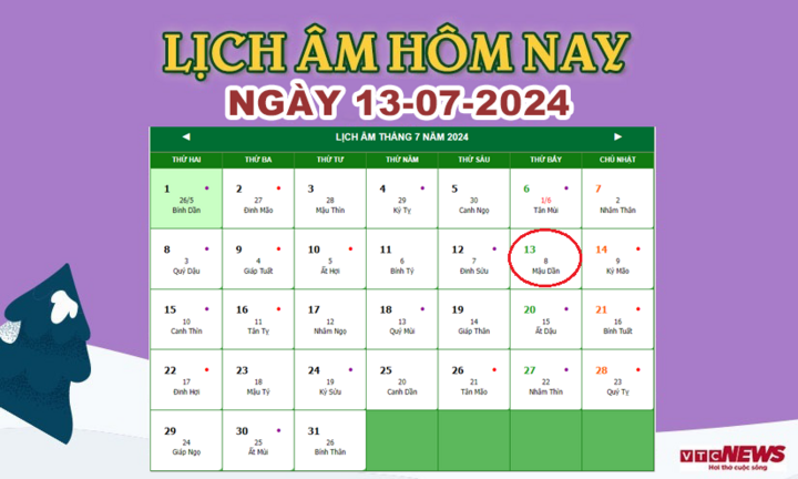 Xem lịch âm hôm nay ngày 13/7/2024.