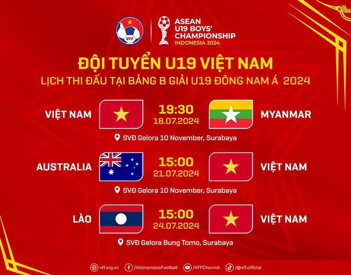 Lịch thi đấu của U19 Việt Nam tại giải U19 Đông Nam Á 2024.