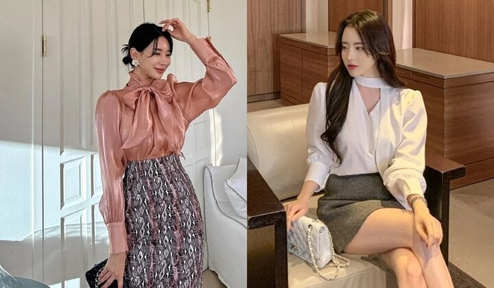 Phần nơ hoặc dây thắt ở cổ áo blouse trở thành điểm nhấn trong outfit của các cô gái.