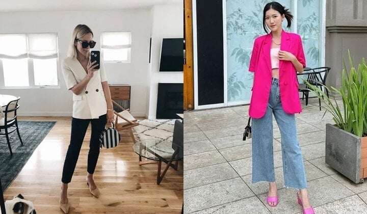 Áo blazer ngắn tay mix cùng quần tây hoặc quần jeans cho quý cô vẻ đẹp chỉn chu, thanh lịch.