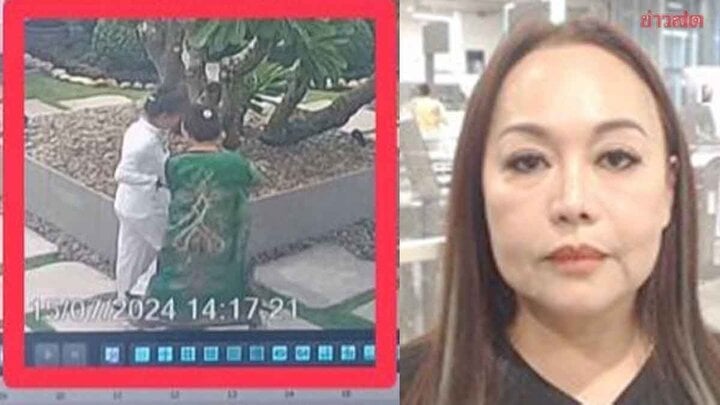 Bà Sherine Chong mặc áo màu xanh lá cây di chuyển vào phòng 502 - khách sạn Grand Hyatt Erawan và không trở ra cho đến khi vụ việc được phát hiện. (Ảnh: Khaosod)