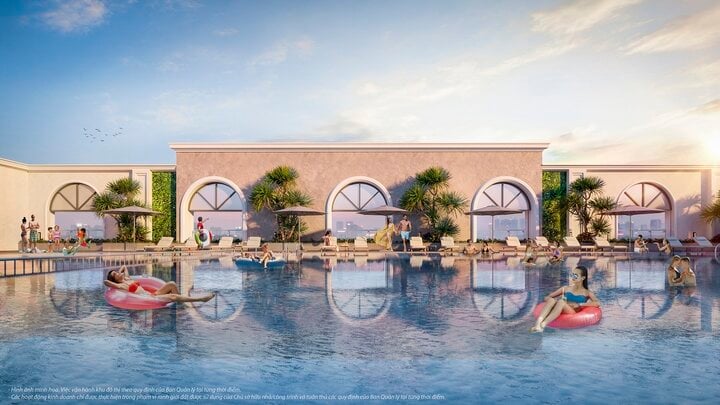 Khu vườn nghỉ dưỡng sang trọng trên mái TTTM Vincom Plaza với bể bơi phong cách resort.