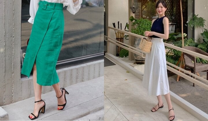 Chân váy midi có thể kết hợp với sandals giúp quý cô tăng điểm sành điệu.