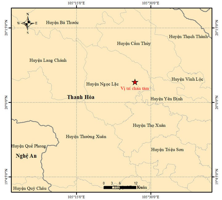 Vị trí động đất xảy ra ở huyện Ngọc Lặc, tỉnh Thanh Hóa. (Ảnh: Viện Vật lý địa cầu)