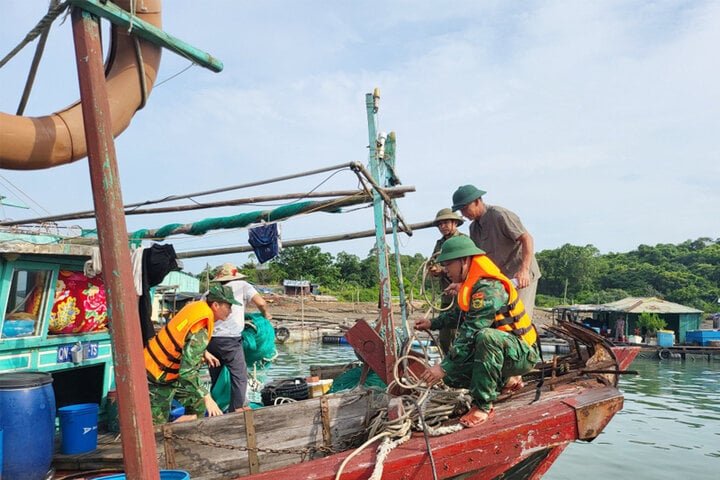 Bộ đội Biên phòng tỉnh Quảng Ninh hỗ trợ người dân gia cố lồng bè nuôi thủy sản. (Ảnh: Báo Quảng Ninh)