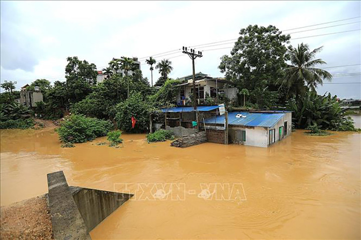 Nhiều hộ dân bị cô lập, sinh hoạt hàng ngày của người dân bị ảnh hưởng nghiêm trọng vì lũ lụt. (Ảnh: Trọng Đạt/TTXVN)