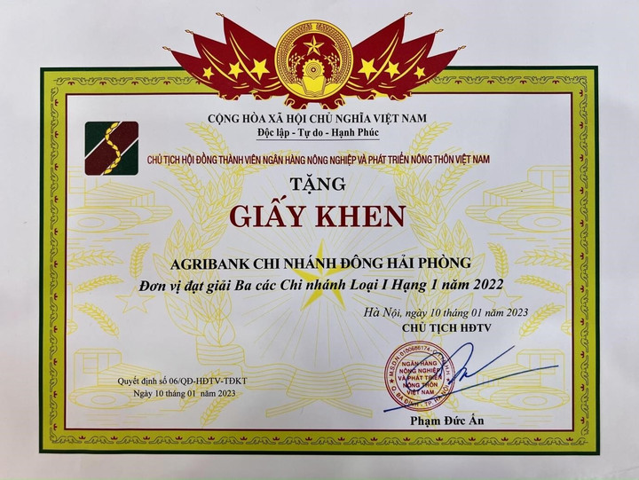 Giấy khen đạt giải Ba các Chi nhánh loại I Hạng 1 năm 2022.