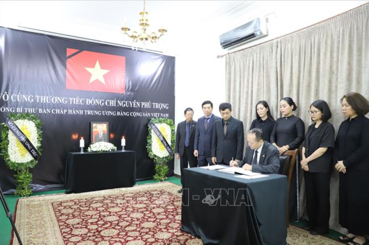 Đại sứ Nguyễn Huy Dũng ghi sổ tang Tổng Bí thư Nguyễn Phú Trọng. (Ảnh: Nguyễn Trường/TTXVN tại Ai Cập).