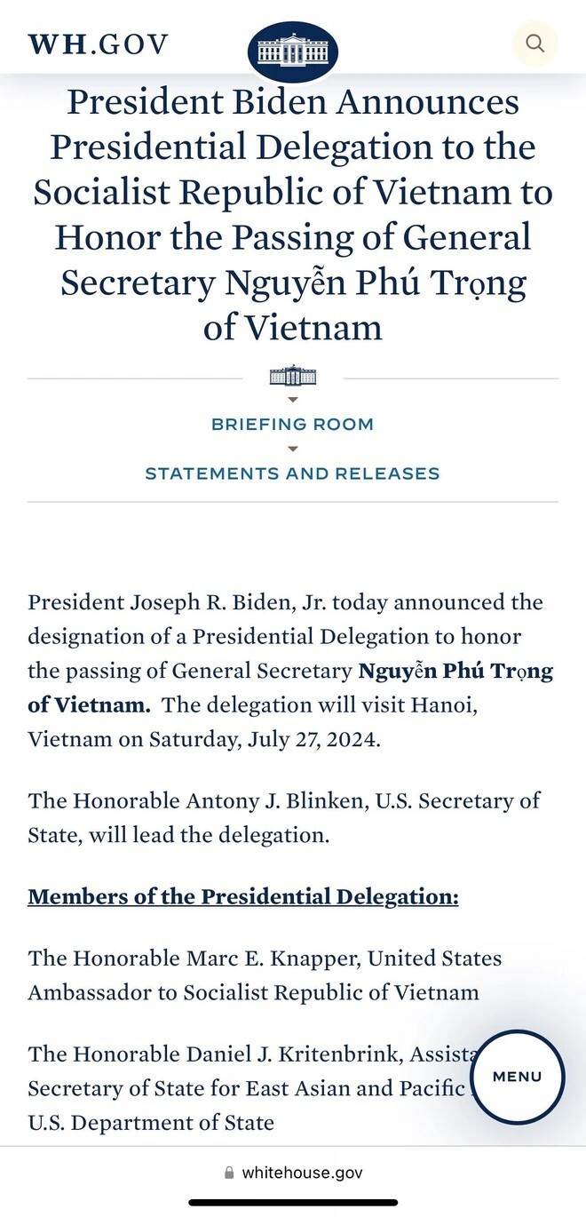 Tuyên bố của Nhà Trắng cử phái đoàn đại diện Tổng thống Mỹ sang Việt Nam viếng Tổng Bí thư Nguyễn Phú Trọng. (Ảnh: Nhà Trắng).