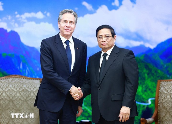 Thủ tướng Phạm Minh Chính tiếp Bộ trưởng Ngoại giao Hoa Kỳ Antony Blinken. (Ảnh: TTXVN)