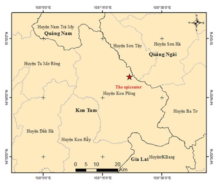 Bản đồ tâm chấn trận động đất xảy ra lúc 8h35 tại Kon Tum. (Ảnh: Viện Vật lý địa cầu)