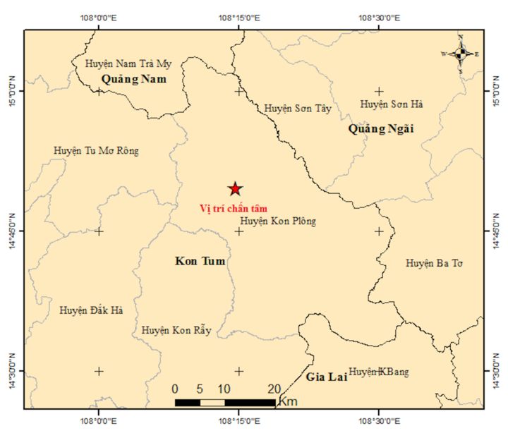 Bản đồ chấn tâm động đất tại Kon Tum lúc 11h35 ngày 28/5. (Ảnh: Viện Vật lý địa cầu)