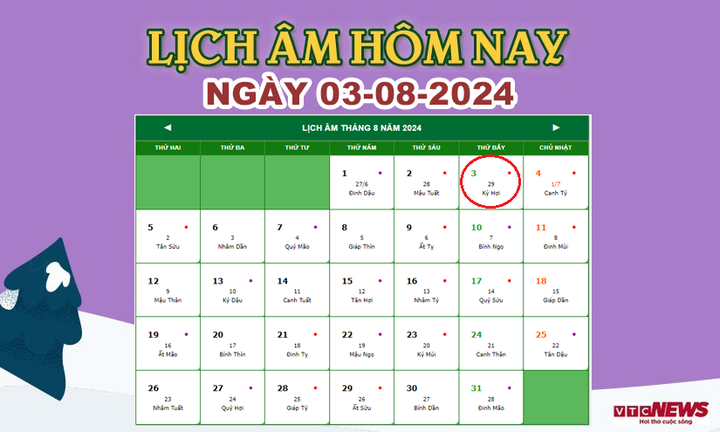 Xem lịch âm hôm nay ngày 3/8/2024