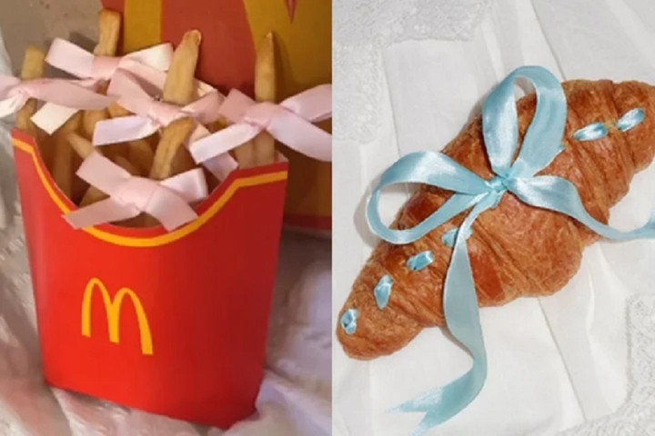 Dân mạng đua nhau theo 'trend' buộc nơ vào đồ ăn. (Ảnh chụp màn hình)