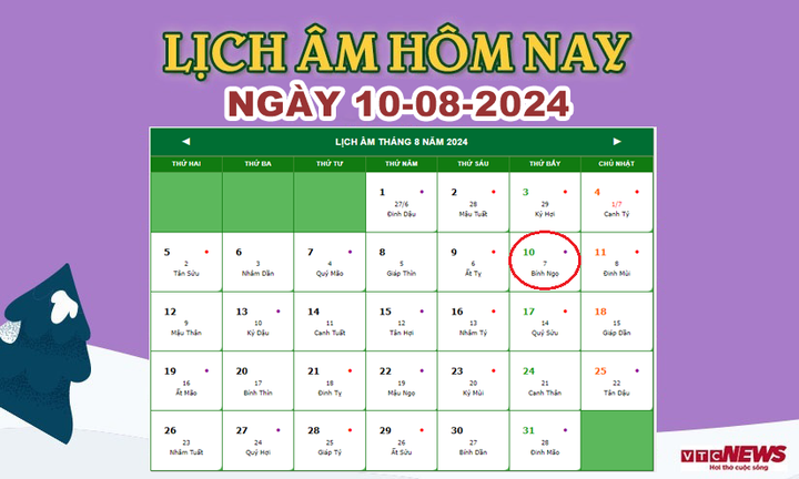 Xem lịch âm hôm nay ngày 10/8/2024