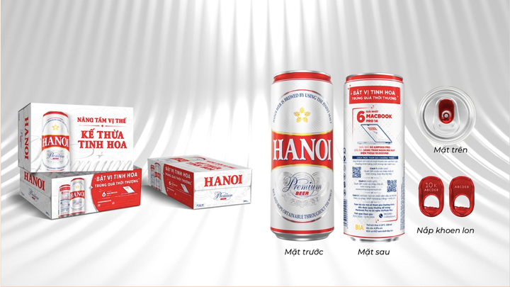 Bao bì thùng và lon bia Hanoi Premium có thông tin chương trình khuyến mại (Bao gồm hình ảnh minh hoạ thùng, mặt trước & mặt sau lon, nắp và khoen lon).