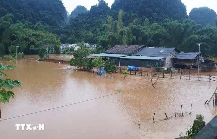 Nhiều nhà dân ở ven suối tại thị trấn Trà Lĩnh, huyện Trùng Khánh, tỉnh Cao Bằng bị ngập lụt. (Ảnh: TTXVN)