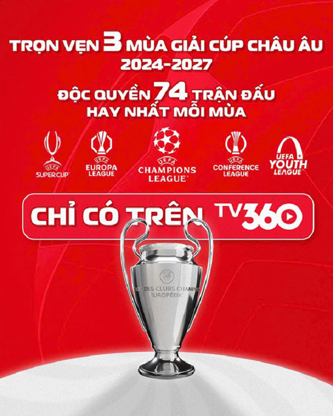 Sẵn sàng đại tiệc cùng TV360 thưởng thức trọn vẹn 3 mùa giải Cúp châu Âu và 74 trận độc quyền C1 hay nhất mỗi mùa - chỉ có duy nhất trên TV360.