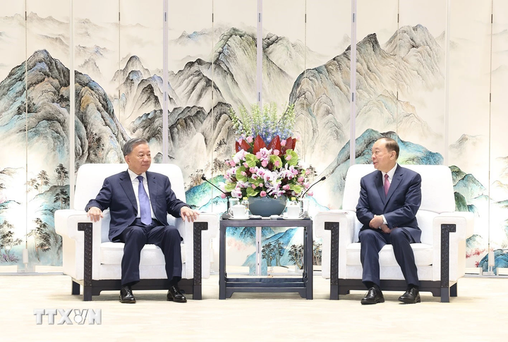 Tổng Bí thư, Chủ tịch nước Tô Lâm hội kiến Bí thư Tỉnh ủy Quảng Đông Hoàng Khôn Minh. (Ảnh: Trí Dũng/TTXVN)