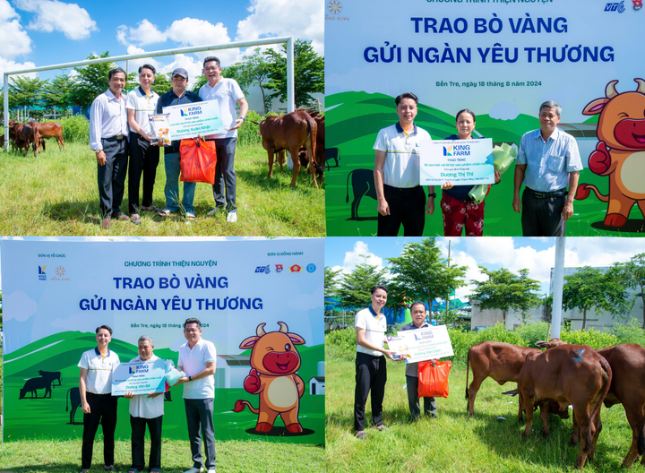 Đại diện đơn vị tổ chức trao tặng bò và sản phẩm GoldKing cho các hộ dân.