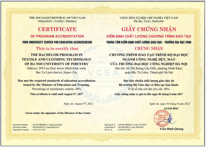 Chứng nhận kiểm định chất lượng chương trình đào tạo trình độ đại học, ngành Công nghệ dệt, may của trường Đại học Công nghiệp Hà Nội