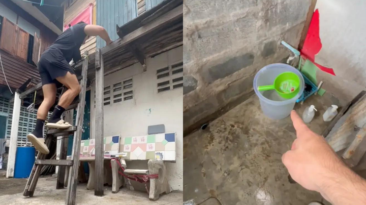 Nam Youtuber phải trèo thang gỗ để vào nhà. Hình bên phải là khu vệ sinh dùng chung với chiếc xô và gáo nhựa.