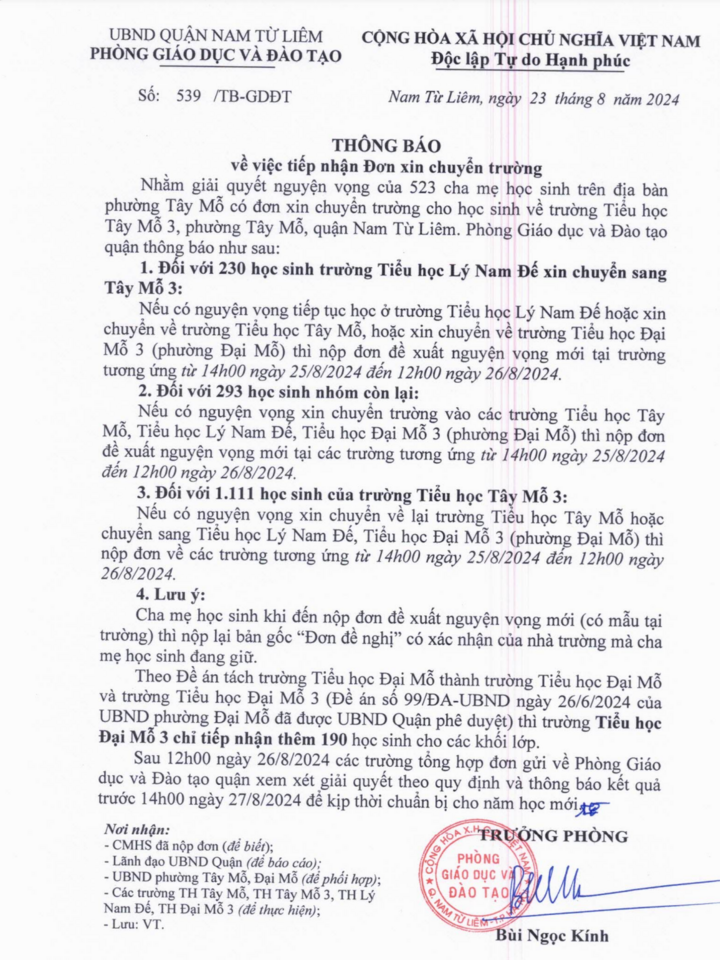 Thông báo về việc tiếp nhận đơn xin chuyển trường của Phòng GD&ĐT quận Nam Từ Liêm (Ảnh chụp màn hình).