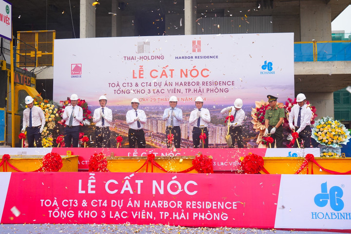 Các đại biểu lãnh đạo thực hiện nghi thức lễ cất nóc.
