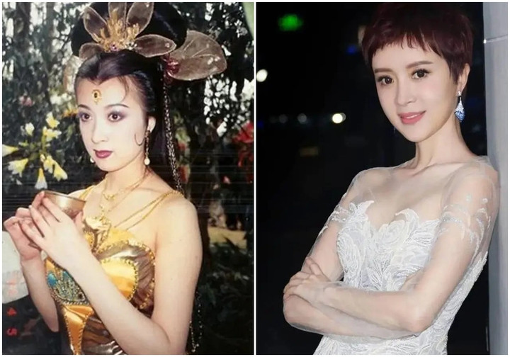 Tạo hình vai công chúa Khổng Tước của Kim Xảo Xảo trong Tây du ký (trái) và nữ diễn viên 45 tuổi hiện tại.