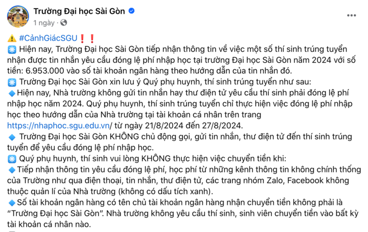 Trường Đại học Sài Gòn phát cảnh báo đến tân sinh viên trước chiêu trò lừa đảo thu lệ phí nhập học.