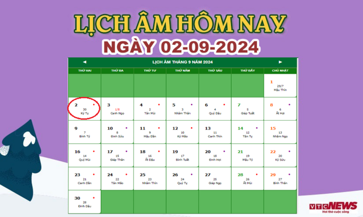 Xem lịch âm hôm nay ngày 2/9/2024