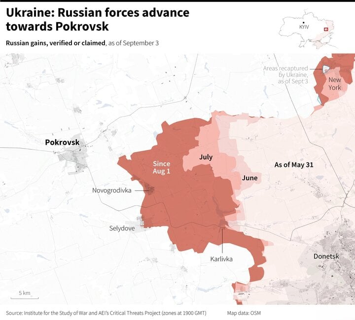 Bản đồ chiến sự ở Pokrovsk tính đến ngày 3/9. (Nguồn: OSM)