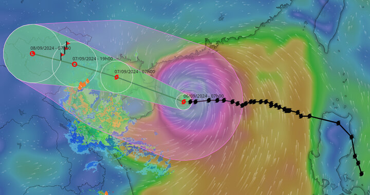 Dự báo đường đi của bão Yagi. (Ảnh: Hệ thống giám sát thiên tai)