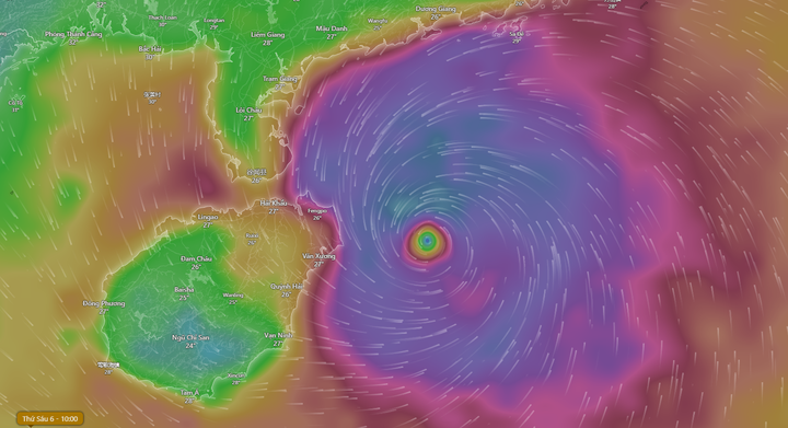 Vị trí tâm bão Yagi vào lúc 10h ngày 6/9, dự kiến bão sẽ đổ bộ vào khu vực từ Quỳnh Hải ở đảo Hải Nam đến Trạm Giang ở Quảng Đông, Trung Quốc, trong chiều hoặc tối cùng ngày. (Ảnh chụp màn hình: Windy)