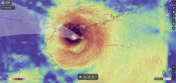 Vị trí tâm bão số Yagi (bão số 3) lúc 0h ngày 7/9.
