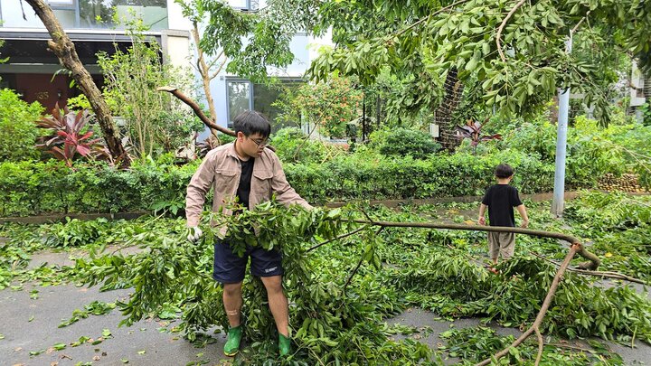 Bi béo góp sức dọn nốt những cành cây ngổn ngang trên đường.