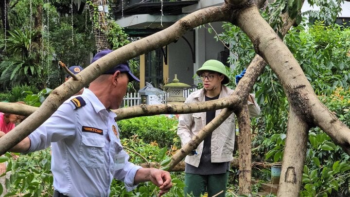 Con trai Xuân Bắc đội mũ cối, đeo bao tay hăng hái dọn dẹp cùng người dân.