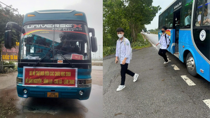 Nhà xe của anh Đà thông báo chở miễn phí học sinh đến trường.