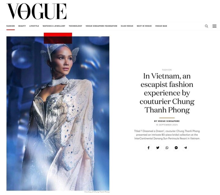 Vogue Singapore viết về show “I Dreamed A Dream" của Chung Thanh Phong kèm hình ảnh vedette - hoa hậu H'Hen Niê. Ảnh chụp màn hình.