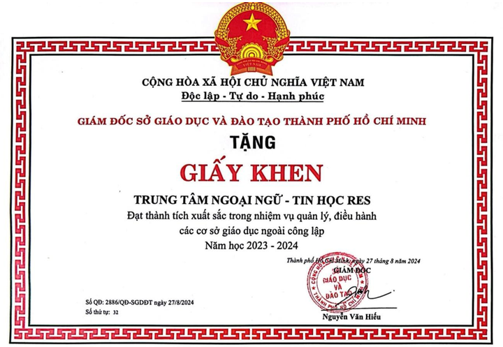 Đạt thành tích xuất sắc, Anh ngữ RES nhận giấy khen từ Sở GD&ĐT TP.HCM - 1