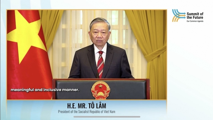 Tổng bí thư, Chủ tịch nước Tô Lâm trong thông điệp video tham gia sự kiện cấp cao “Lời kêu gọi toàn cầu về Hội nghị Thượng đỉnh tương lai”.