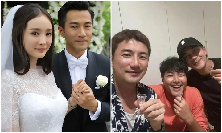 Lưu Khải Uy - Dương Mịch trong ngày cưới (trái) và Lưu Khải Uy của hiện tại (đội mũ lưỡi trai đen).