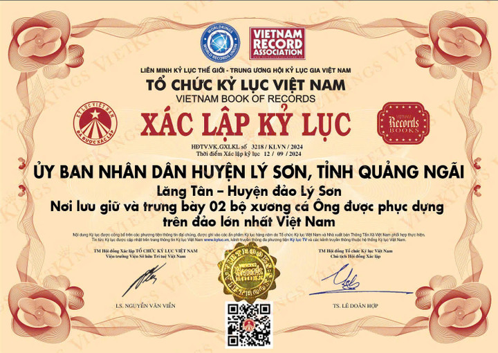 Hai bộ xương cá voi có niên đại trên 200 năm tuổi ở đảo Lý Sơn, tỉnh Quảng Ngãi được xác lập kỷ lục lớn nhất Việt Nam. (Ảnh: Đ.B)