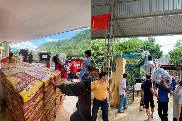 Đoàn thiện nguyện cùng lực lượng chức năng tập trung và phân chia hàng cứu trợ tại xã Khánh Hòa, huyện Lục Yên, tỉnh Yên Bái.