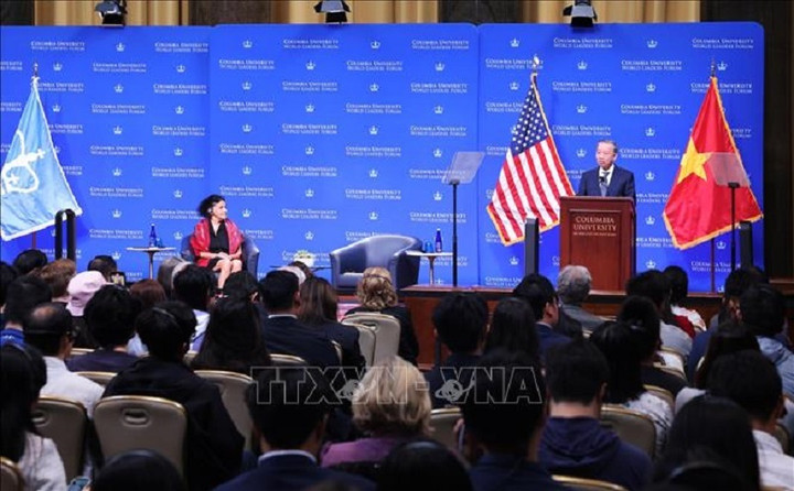 Tổng Bí thư, Chủ tịch nước phát biểu chính sách tại Đại học Columbia. (Ảnh: TTXVN)