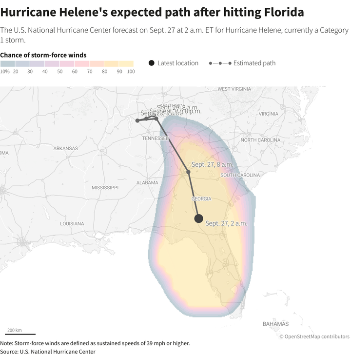 Hướng đi của bão Helene sau khi suy yếu dần thành áp thấp nhiệt đới. (Ảnh: Reuters)