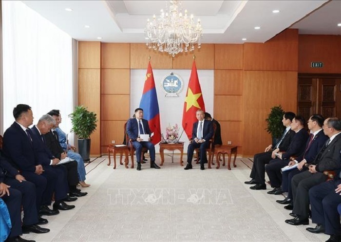 Tổng Bí thư, Chủ tịch nước Tô Lâm hội kiến Thủ tướng Mông Cổ Luvsannamsrain Oyun-Erdene. (Ảnh: Trí Dũng/TTXVN)