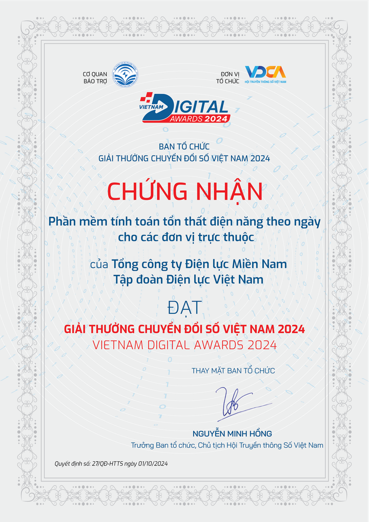 Phần mềm tính toán tổn thất điện năng theo ngày cho các đơn vị trực thuộc đạt Giải thưởng Chuyển đổi số Việt Nam 2024.