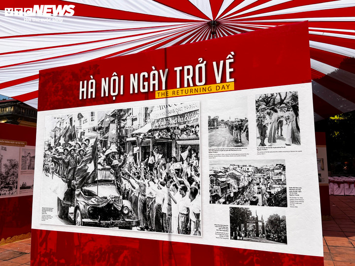 Bên cạnh đó, nhiều hình ảnh tư liệu trong ngày 10/10/1954 được trưng bày tại triển lãm. (Ảnh: Hồng Nhung)
