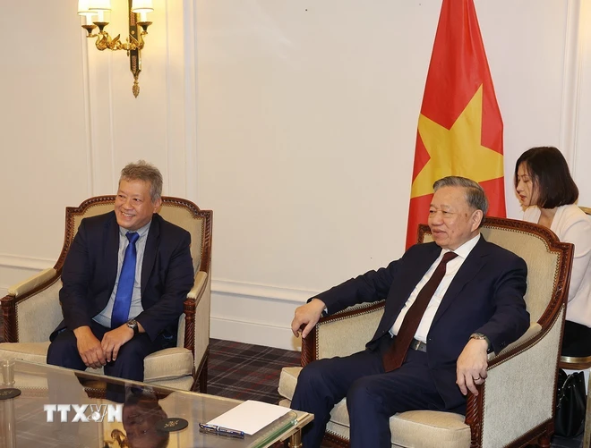 Tổng Bí thư, Chủ tịch nước Tô Lâm tiếp Chủ tịch Hội hữu nghị Pháp - Việt Nam Nguyễn Hải Nam. (Ảnh: Trí Dũng/TTXVN)